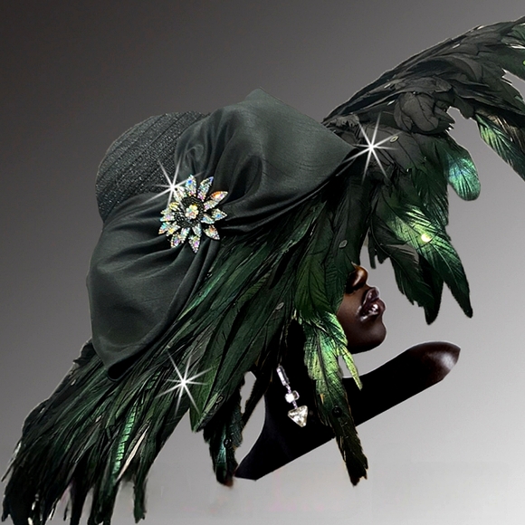 Beloved Millinery Opulent Black Couture Feathered Jeweled Wide Winter Hat